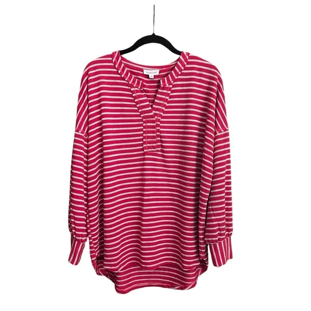 Westbound Thermal Top Womens Size M Red Striped Long Balloon Slv Pullover Hi-Low